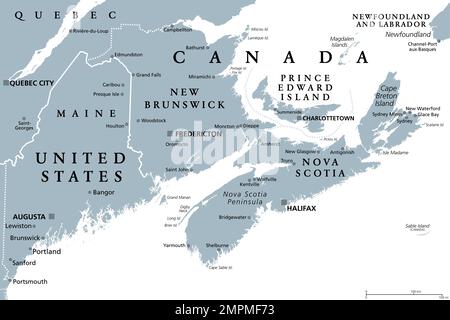 Maritimes-Region im Osten Kanadas, maritime Provinzen, graue politische Karte. New Brunswick, Nova Scotia und Prince Edward Island. Stockfoto