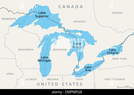 Große Seen von Nordamerika, politische Karte. Lake Superior, Michigan, Huron, Erie und Lake Ontario. Eine Reihe großer, miteinander verbundener Süßwasserseen. Stockfoto