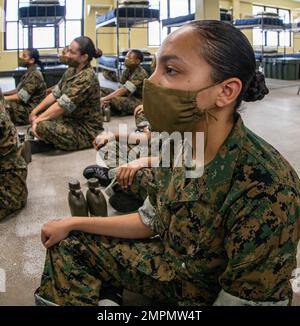 Rekruten der Bravo Company, 1. Recruit Training Bataillon, treffen zum ersten Mal auf Parris Island, S.C., am 4. November 2022 ihre Ausbilder. Dieser Schulungszyklus war das erste Mal, dass jedes Unternehmen auf Parris Island integriert wurde. Stockfoto