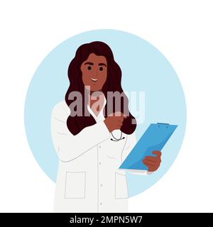 Eine afroamerikanische Ärztin, die eine Tablette hält. Der Kinderarzt untersucht die Testergebnisse des Patienten. Stock Vektor