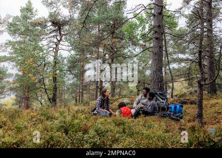Glückliche Familie, die während des Urlaubs zusammen im Wald wandert Stockfoto
