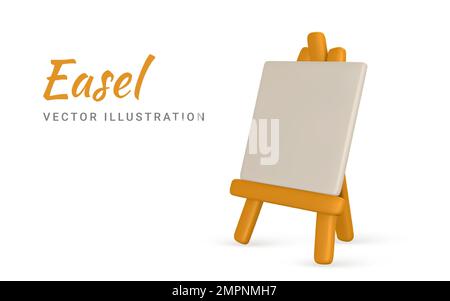 3D realistische Staffelei mit leerer Leinwand. Staffelei mit Poster im Cartoon-Stil. Vektordarstellung. Stock Vektor