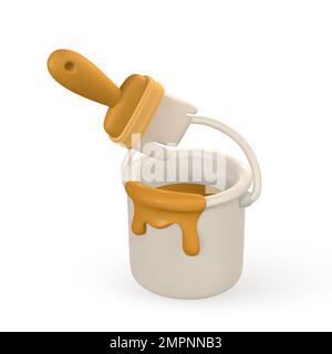 3D realistische Farbdose mit Pinsel im Cartoon-Stil. Vektordarstellung. Stock Vektor