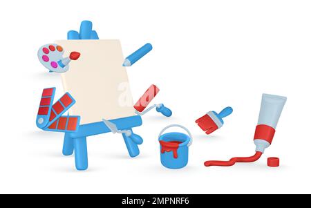 3D realistische Malwerkzeuge. Staffelei, Farbrohr, Pinsel, Rollbürste, Palettenmesser, Farbpalette, Bleistift und Farbdose im Cartoon-Stil. Vektor i Stock Vektor
