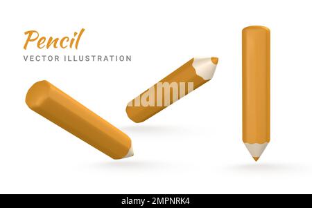 Cute Cartoon gelb 3D Bleistift. Holzbleistift zum Schreiben und Zeichnen. Vektorgrafik. Stock Vektor
