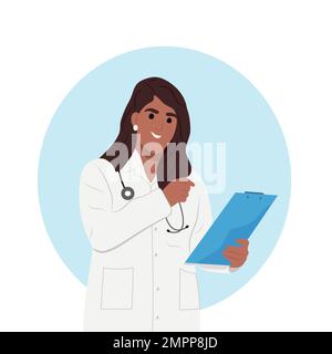 Eine Ärztin, die eine Tablette hält. Der Kinderarzt untersucht die Testergebnisse des Patienten. Stock Vektor