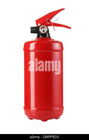 Roter Feuerlöscher, isoliert auf weißem Hintergrund. Stockfoto