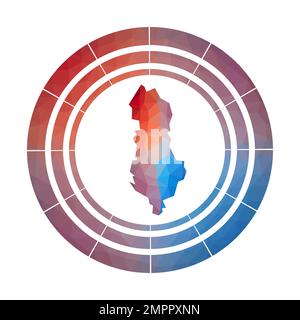 Albanische Marke. Leuchtendes, abgestuftes Landlogo in niedriger Poly-Optik. Mehrfarbiges abgerundetes Schild Albaniens mit Karte im geometrischen Stil für Ihre Infografiken. Stock Vektor