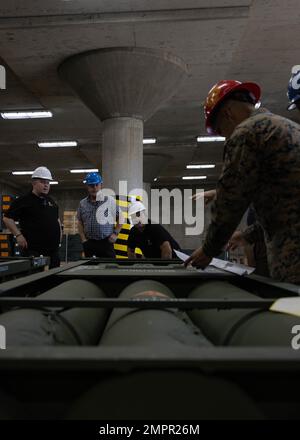 USA Marines mit Munitionsfirma, 1. Versorgungsbataillon, 1. Marine Logistics Group und norwegische Auftragnehmer des Marine Corps Prepositioning Program-Norway beobachten die Munition während der MCPP-N-Schulung in Camp Pendleton, Kalifornien, 15. November 2022. Das MCPP-N bietet dem Marinekorps die logistische Fähigkeit, Munition ordnungsgemäß zu lagern, zu trennen und auszugeben, um aktuelle und zukünftige Operationen zu unterstützen. Stockfoto