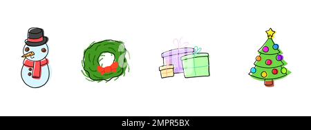 Frohes Weihnachtsset. Vektorelemente im flachen Cartoon-Stil, isoliert auf weißem Hintergrund. Stock Vektor