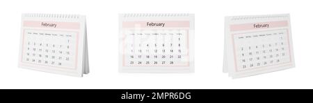 Collage eines Papierkalenders auf weißem Hintergrund Stockfoto