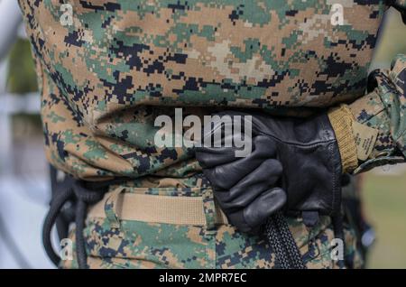 Rekruten bei der India Company, 3. Rekruten-Trainingsbataillon, Abseilungsturm leiten, 14. November 2022. Der Abseilturm-Test rekrutiert Höhenangst und schafft Vertrauen in ihre Ausrüstung. (FOTOS des US Marine Corps von Lance CPL. Keegan Jones). Stockfoto