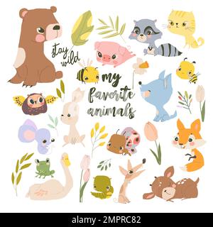 Ein Set süßer Waldtiere auf weißem Hintergrund Stock Vektor