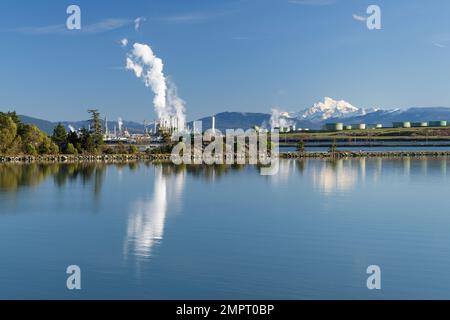 Anacortes, WA, USA - 29. Januar 2023; Anacortes Ölraffinerie am March Point und Mount Baker mit weißem Dampf und Bergen im Kontrast zum blauen Himmel Stockfoto