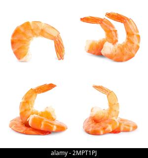 Set aus köstlichen frisch zubereiteten Garnelen auf weißem Hintergrund Stockfoto