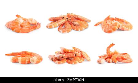 Set aus köstlichen frisch zubereiteten Garnelen auf weißem Hintergrund Stockfoto