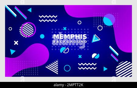 Blauer Memphis-Hintergrund mit lila Designelementen. Farbenfrohe abstrakte Kulisse mit flüssigen Formen. Vorlage für soziale Medien mit geometrischen Elementen. Stock Vektor
