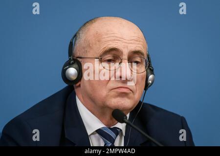 RIGA, LETTLAND. 31. Januar 2023 Zbigniew Rau, polnischer Außenminister, während der Pressekonferenz der baltischen und polnischen Außenminister. Stockfoto