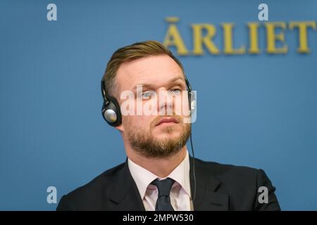 RIGA, LETTLAND. 31. Januar 2023 Gabrielius Landsbergis, Außenminister Litauens, während der Pressekonferenz der Außenminister der baltischen und polnischen Länder. Stockfoto