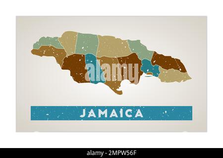 Jamaika-Karte. Länderposter mit Regionen. Alte Grunge-Textur. Form von Jamaika mit Ländernamen. Stilvolle Vektordarstellung. Stock Vektor