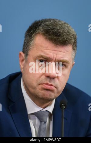 RIGA, LETTLAND. 31. Januar 2023 Urmas Reinsalu, Pressekonferenz des estnischen Außenministers Ostsee und der polnischen Außenminister. Stockfoto