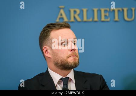 RIGA, LETTLAND. 31. Januar 2023 Gabrielius Landsbergis, Außenminister Litauens, während der Pressekonferenz der Außenminister der baltischen und polnischen Länder. Stockfoto