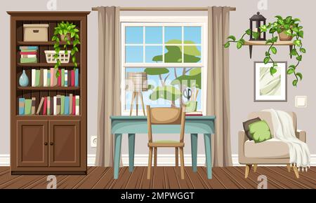 Zimmereinrichtung mit Bücherregal, Schreibtisch, Sessel und einem großen Fenster. Gemütliches Innendesign für das Heimbüro. Cartoon-Vektordarstellung Stock Vektor
