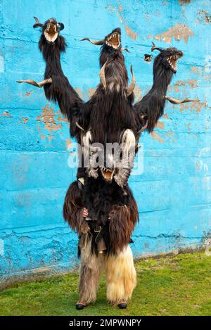 Mummer Kukeri Tänzer mit bizarren Kostümen, die beim jährlichen Simitlia Kukeri Festival in Simitli, Bulgarien, Osteuropa ein dreiköpfiges Monster darstellen Stockfoto