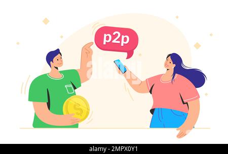 Glücklicher Mann mit Goldmünze und Geld über P2P-Dollar-Kryptowährungsumtausch Stock Vektor