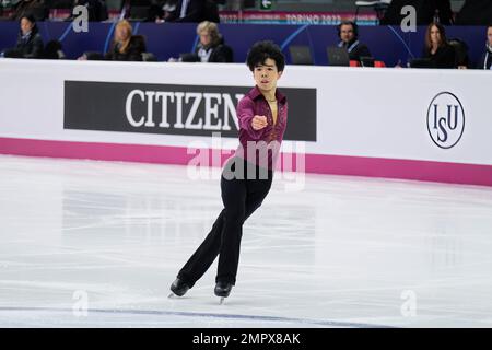 Shun Sato (JPN) tritt während des Senior Men - Free Skating des ISU Grand Prix des Eiskunstlauf-Finales Turin in Palavela auf. Stockfoto