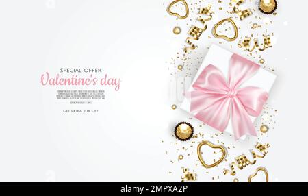 Hintergrund für Valentinsangebote mit 3D Herz und Geschenkbox. Vektorhintergrund für Poster, Banner, Flyer, Karten. Stock Vektor