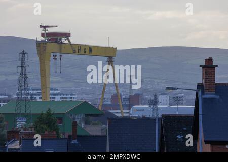 Herbstabend Blick auf die Stadt Belfast über den Osten von Belfast Harland und Wolff Crane. Stockfoto