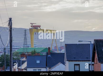 Herbstabend Blick auf die Stadt Belfast über den Osten von Belfast Harland und Wolff Crane. Stockfoto