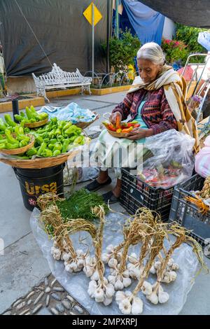 Eine ältere einheimische Frau verkauft Produkte auf dem Markt in Ocotlan de Morelos in den zentralen Tälern von Oaxaca, Mexiko. Stockfoto