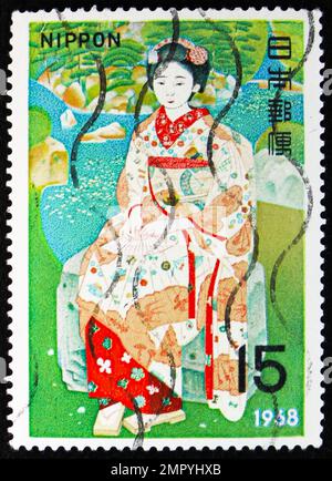 MOSKAU, RUSSLAND - 25. DEZEMBER 2022: Auf dem in Japan gedruckten Poststempel ist Maiko im Tenjuan Garden, Bakusen Tsuchida (1887-1936), Philatelische Woche - Japa zu sehen Stockfoto