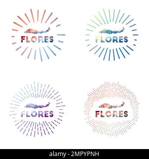 Flores Low Poly Sunburst Set. Logo der Insel im geometrischen Polygonstil. Vektordarstellung. Stock Vektor