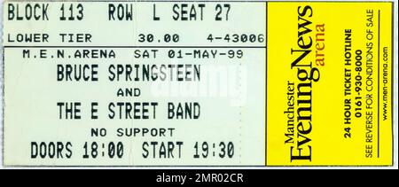 Bruce Springsteen und die E Street Band, 01. Mai 1999, MEN Arena, Concert Ticket Stubs, Music Concert Concert Memorabilia , Manchester, England, Großbritannien Stockfoto