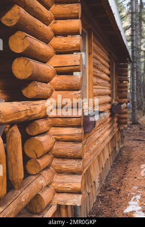 Außenseite der Blockhütte in Woods im pazifischen Nordwesten Stockfoto