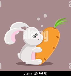 Umarmungen eines weißen Kaninchens mit einer Karotte. Orange Love. Vertikal. Vektor. Postkarte. Stock Vektor