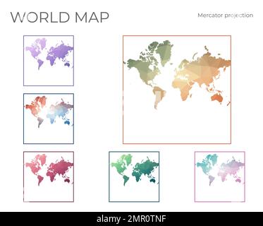 Niedrige Poly-Welt-Karte Eingestellt. Sphärische Mercator-Projektion. Sammlung der Weltkarten im geometrischen Stil. Vektordarstellung. Stock Vektor