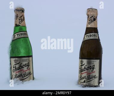 Zwei alte Tuborg-Bierflaschen aus Dänemark, gekühlt im Schnee. Stockfoto