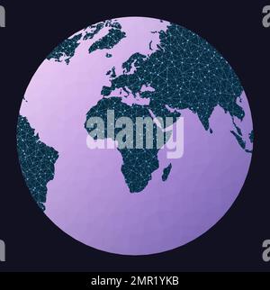 Netzwerkkarte der Welt. Chamberlin-Projektion für Afrika. Draht Globus in Chamberlin Afrika Projektion auf geometrischem Low Poly Hintergrund. Stock Vektor