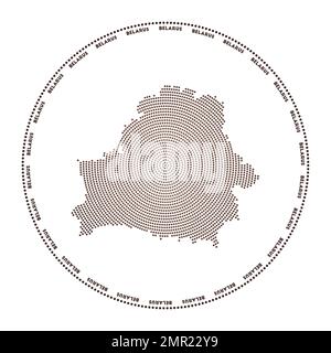 Weißrussisches rundes Logo. Digitale Form von Weißrussland in gepunktetem Kreis mit Ländernamen. Technisches Symbol des Landes mit abgestuften Punkten. Erstaunlicher Vect Stock Vektor