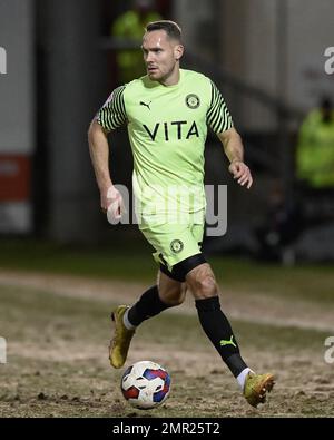 Crewe, Großbritannien. 31. Januar 2023. Chris Hussey #23 von Stockport County während des Spiels der Sky Bet League 2 zwischen Crewe Alexandra und Stockport County im Alexandra Stadium, Crewe, Großbritannien, 31. Januar 2023 (Foto von Ben Roberts/News Images) in Crewe, Großbritannien, am 1./31. Januar 2023. (Foto: Ben Roberts/News Images/Sipa USA) Guthaben: SIPA USA/Alamy Live News Stockfoto