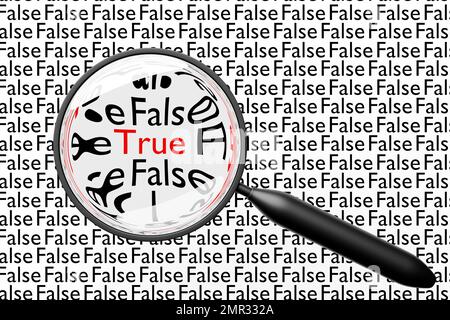 3D Abbildung einer Lupe mit gegenläufigen Worten wahr und falsch im Hintergrund. Wahrheitssuchkonzept Stockfoto