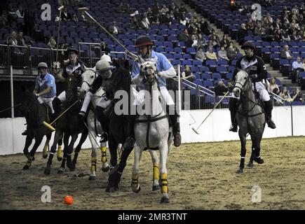 Internationale Teams treten beim Gaucho International Polo in der O2 Arena gegeneinander an. Die Veranstaltung ist das weltweit erste Hallenspiel für Polo-Turniere und umfasste England gegen Argentinien, Schottland gegen Südafrika und Oxford gegen Cambridge. Zu der Veranstaltung gehörte auch ein Prominentenspiel mit Liz McClarnon und Charlotte Christodoulou gegen Kenny Logan und Mike Bushnell. London, Großbritannien. 2/24/11. Stockfoto