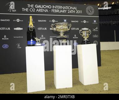 Internationale Teams treten beim Gaucho International Polo in der O2 Arena gegeneinander an. Die Veranstaltung ist das weltweit erste Hallenspiel für Polo-Turniere und umfasste England gegen Argentinien, Schottland gegen Südafrika und Oxford gegen Cambridge. Zu der Veranstaltung gehörte auch ein Prominentenspiel mit Liz McClarnon und Charlotte Christodoulou gegen Kenny Logan und Mike Bushnell. London, Großbritannien. 2/24/11. Stockfoto