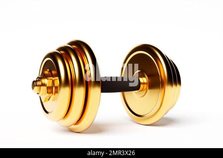 3D Abbildung: Goldene Kurzhantel aus Metall mit Scheiben auf weißem Hintergrund. Fitness- und Sportgeräte Stockfoto