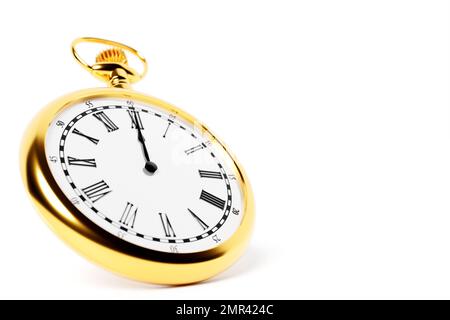 3D Abbildung eines antiken goldenen Uhrwerks auf einem isolierten weißen Hintergrund. Stoppuhrsymbol, Logo. Chronometer, Vintage-Timer Stockfoto