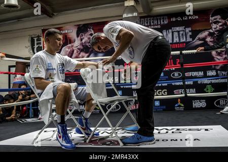 Der WBA/IBF-Mittelgewichtsmeister Gennady Golovkin entschied sich, sein gewohntes, vollwertiges Training mit Abel Sanchez zu absolvieren, während sein Gegner Dominic Wade sich seine Bestleistungen für Samstagabend aufbewahrte, wenn beide Kämpfer sich auf dem Forum in Los Angeles, Kalifornien, gegenüberstehen. Die Veranstaltung wird live im HBO World Championship Boxing übertragen. 20. April 2016. Stockfoto